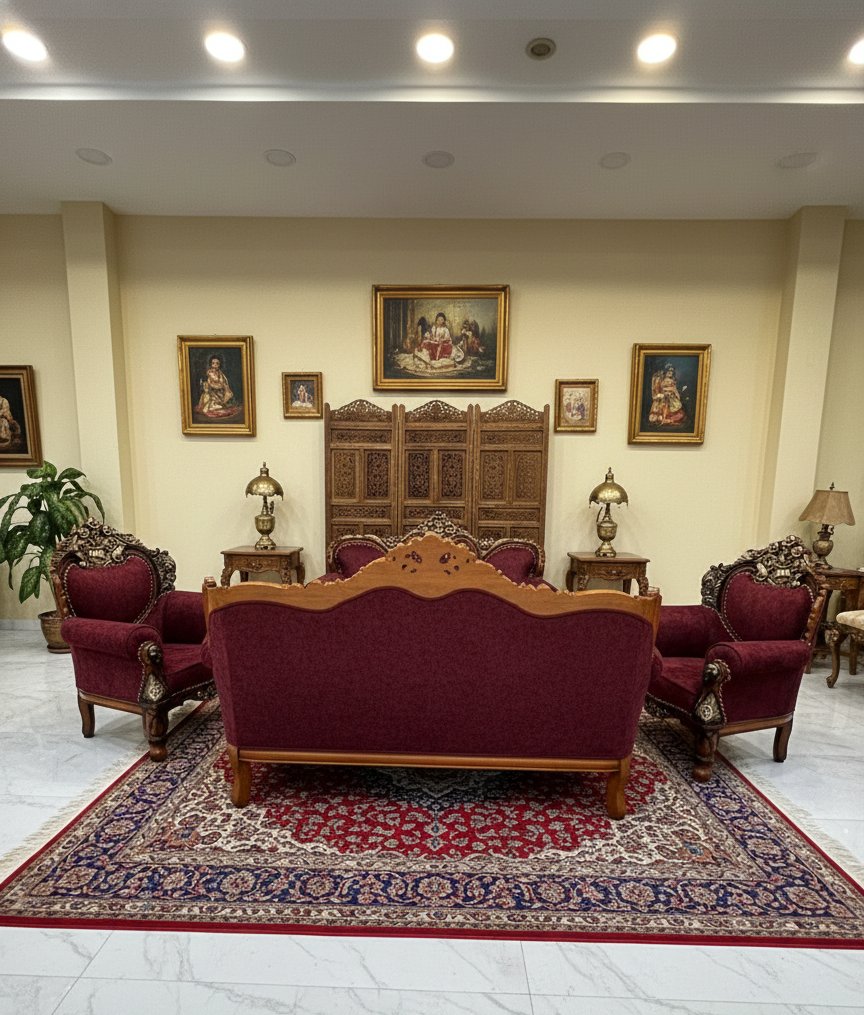 Royal Carved Wooden Sofa Set – Maroon Velvet Upholstery (3+1+1 Seater) - Image 2